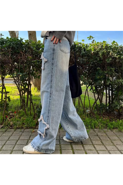 Gofeel Buz Mavisi Taşlanmış Yıldız Yamalı Vintage Baggy Kot Pantolon