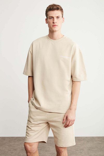 GRIMELANGE Colombia Herren-Set, 2 Stück, bequeme Passform, bequeme Passform, Text-Stickerei, ungefalteter Beige-Trainingsanzug