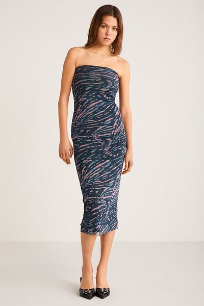 GRIMELANGE Apolline Women's - 100% Polyester, Off-the-Shoulder Dark Blue Pink Dress