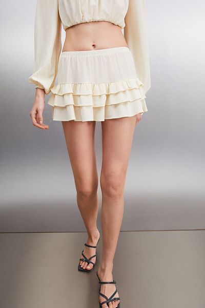 GRIMELANGE Amalara Women's 3-Layer Ruffle Elastic Waist Knitted Ecru Skirt