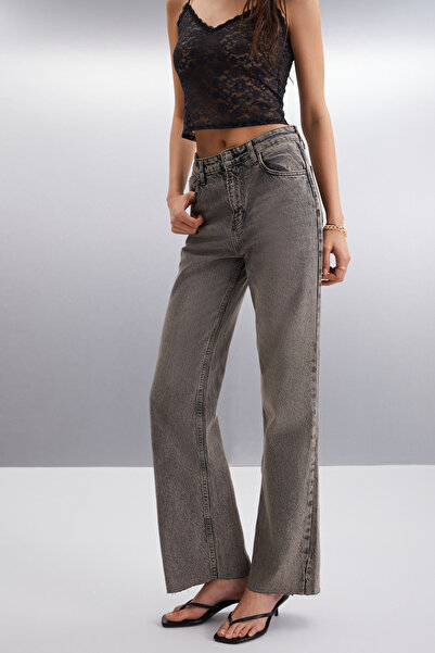GRIMELANGE Alkıda Women &Apos; S Jeans in Grey Anthracite, 100% Cotton, Wide Leg Bleach Jeans