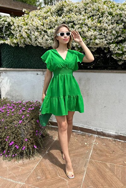 For Angels Green Flywheel Sleeves Elastic Short Muslim Dress