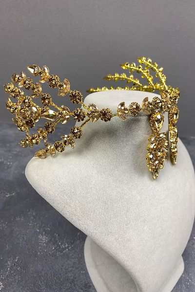 Hayalperest boncuk Honey Colored Hellenist Double Sided Bridal Henna Crown and Earring Set