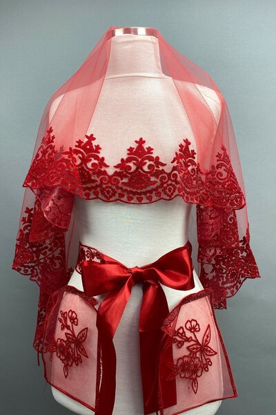 Hayalperest boncuk Voal de mireasă cu sclipici roșu Bade, voal pentru față