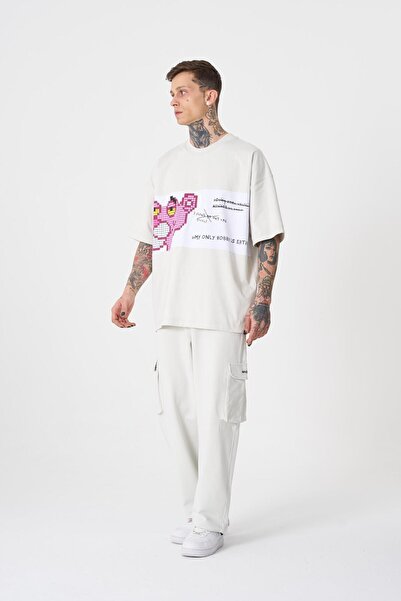 Machinist Men's Pink Panther Printed Oversize Gray T-Shirt