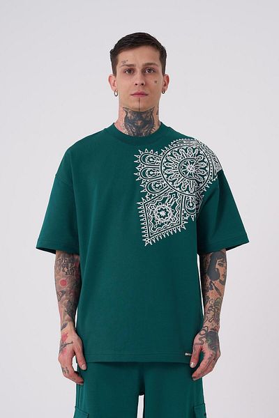 Machinist Men's Ethnic Embroidered Oversize Petrol Green T-Shirt