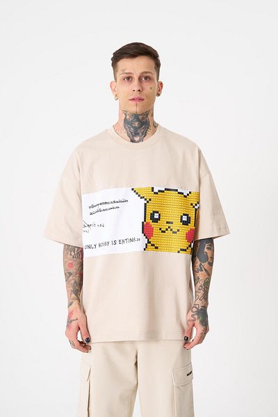 Machinist Ανδρικό μπλουζάκι με στάμπα Pikachu Oversize ανοιχτό μπεζ