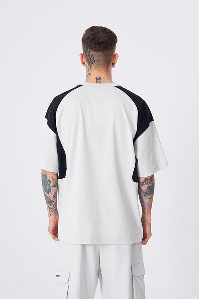 Machinist Men's Contrast Shoulder Detail Printed Oversize Gray T-Shirt
