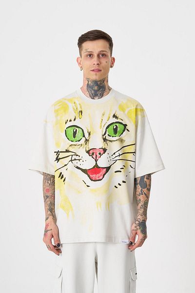 Machinist Ανδρικό μπλουζάκι Runaway Cat Printed Oversize Grey T-shirt