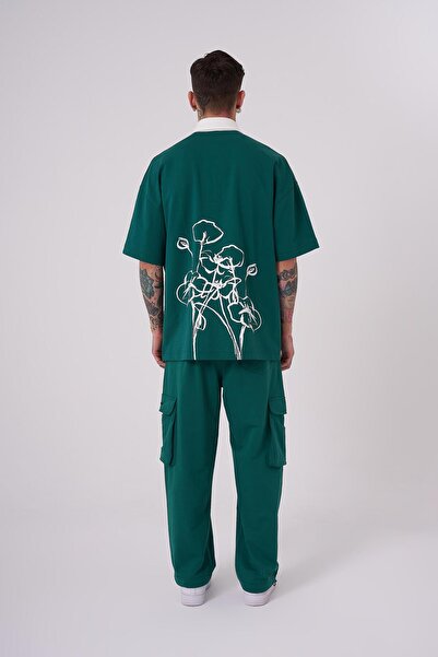 Machinist Ανδρικό μπλουζάκι με λουλούδια με στάμπα Polo Neck Petrol Green T-shirt