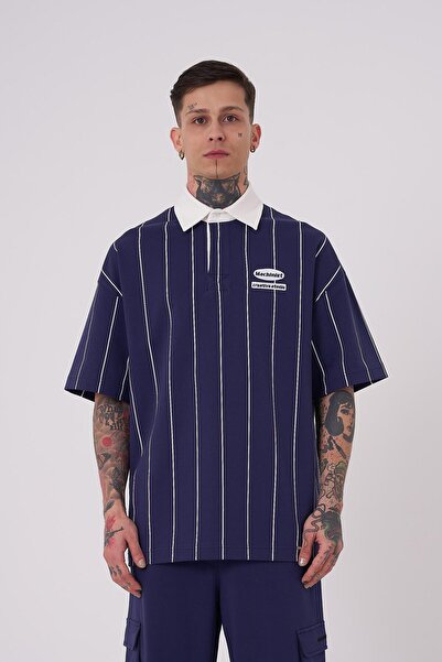 Machinist Men's 87 Baseball Polo Collar Navy Blue T-Shirt