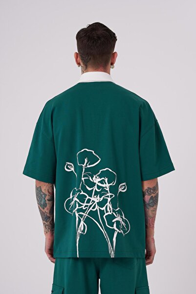 Machinist Ανδρικό μπλουζάκι με λουλούδια με στάμπα Polo Neck Petrol Green T-shirt