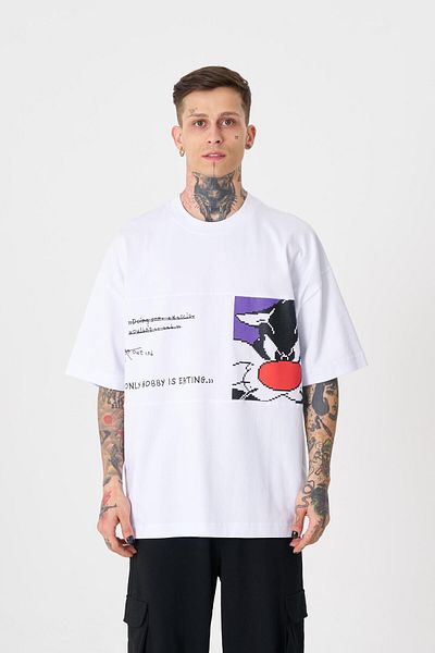 Machinist Tricou alb supradimensionat cu imprimeu Sylvester pentru bărbați