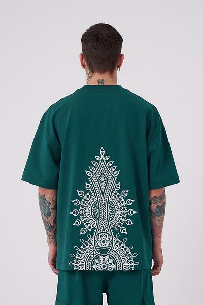 Machinist Men's Ethnic Embroidered Oversize Petrol Green T-Shirt