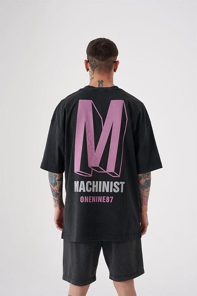 Machinist Ανδρικό Onenine87 εμπριμέ πλενόμενο υπερμεγέθη μαύρο-ροζ μπλουζάκι