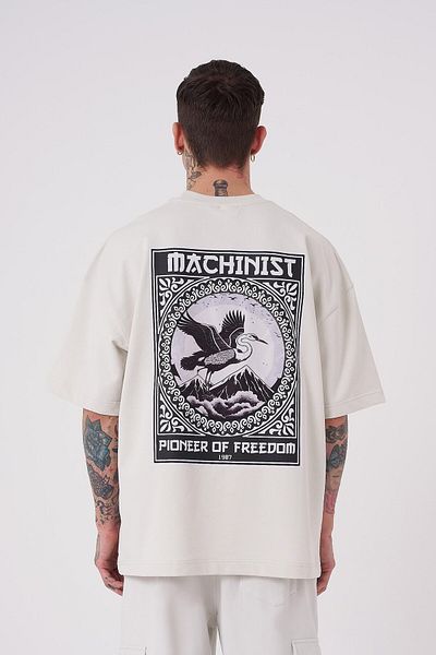 Machinist Tricou gri supradimensionat cu imprimeu Crane Patch pentru bărbați