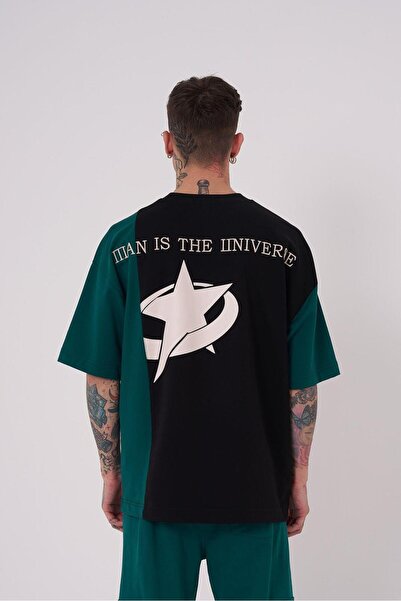 Machinist Ανδρικό μπλουζάκι με τεχνικό κέντημα oversized μαύρο πετρελαιοπράσινο