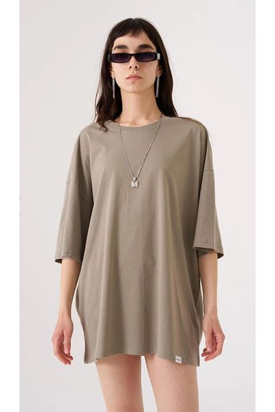 Machinist Γυναικείο μπλουζάκι Basic Cotton Single Jersey Oversize Χακί