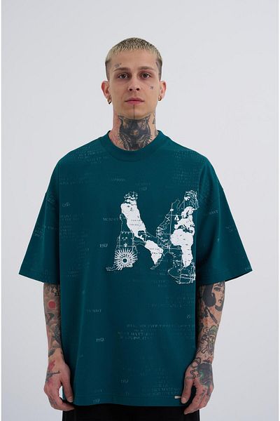 Machinist Petrol Green Printed Men's Oversize T-Shirt