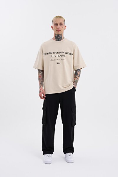 Machinist Bărbați - Tricou Bej supradimensionat cu imprimeu Turning Your Imagination