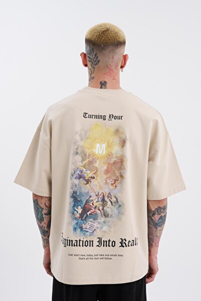 Machinist Bărbați - Tricou Bej supradimensionat cu imprimeu Turning Your Imagination