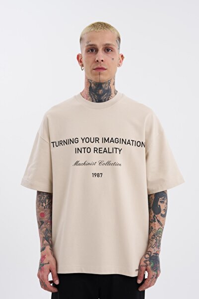 Machinist Bărbați - Tricou Bej supradimensionat cu imprimeu Turning Your Imagination