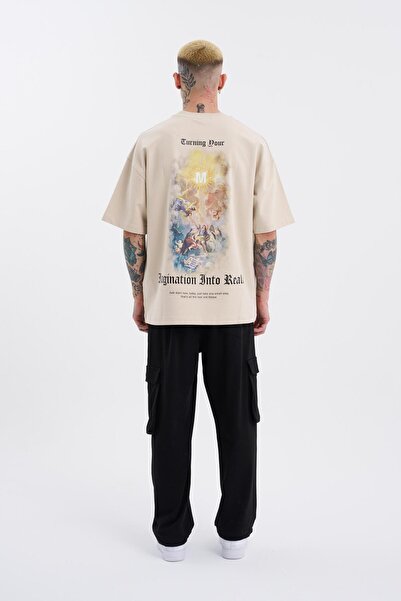 Machinist Bărbați - Tricou Bej supradimensionat cu imprimeu Turning Your Imagination