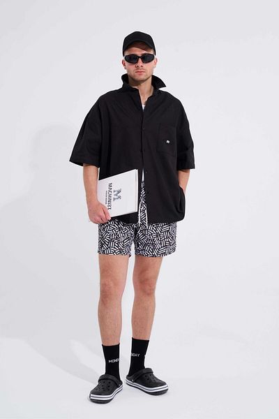 Machinist Men's - Wicker Texture Printed Black and White Swim Shorts
