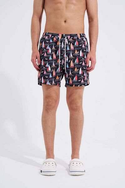 Machinist Men's Seagulls Printed - Black Sailing Sea Shorts