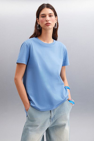 GRIMELANGE Samantha Women - 100% Organic Cotton Indigo Basic T-shirt, μακριά πλάτη, Comfort Fit