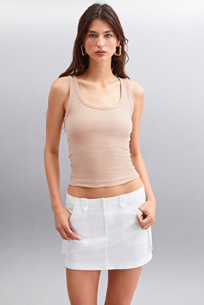 GRIMELANGE Romına Kadın Fitilli Esnek Kumaşlı Vücudu Saran Organik Pamuklu Bej Atlet