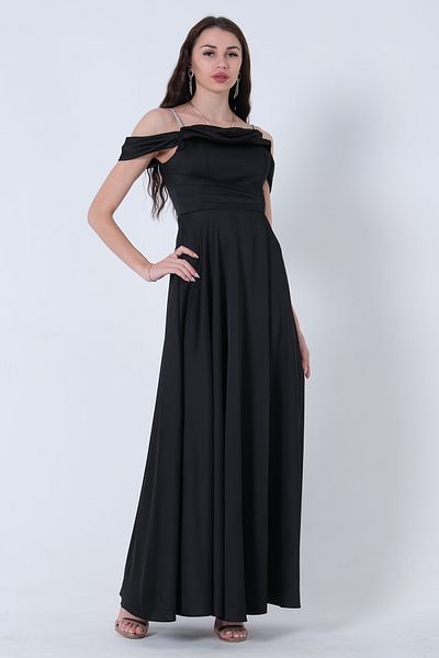 Feminist Stone Strap Low Sleeve Satin Evening Dress Black0806118