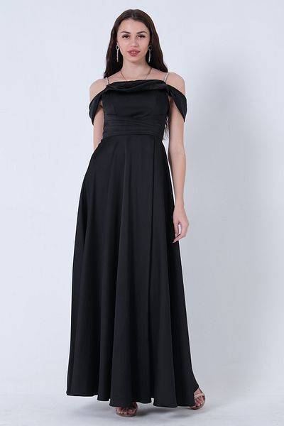 Feminist Stone Strap Low Sleeve Satin Evening Dress Black0806118