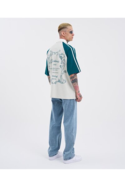 Machinist Gray Petrol Polo Neck Men's T-Shirt - Striped Sleeves Printed