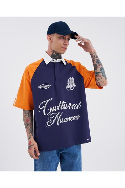 Machinist Navy Blue Orange Men's Polo Collar T-Shirt - Printed Striped Sleeves