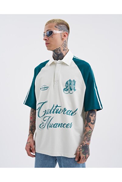 Machinist Gray Petrol Polo Neck Men's T-Shirt - Striped Sleeves Printed