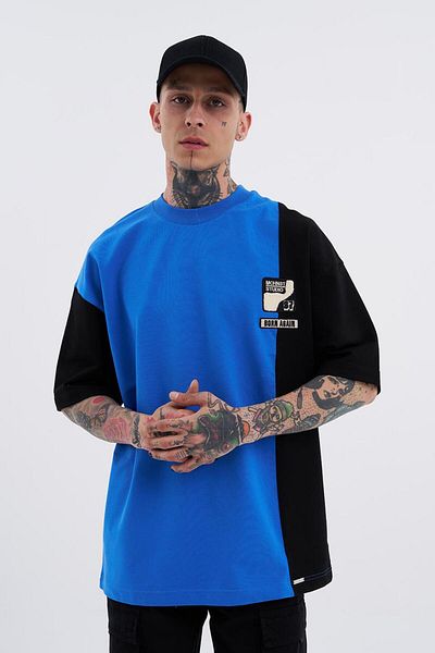 Machinist Men's Ripped Technical Embroidered Oversize Light Blue T-Shirt
