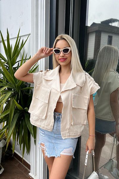 For Angels Beige Linen Vest with Pocket Detail