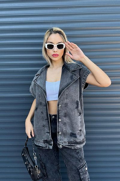 For Angels Black Ripped Detail Denim Vest