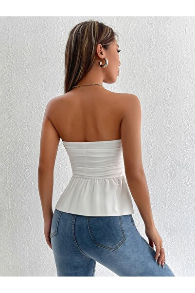 ecemore Bluză albă fără bretele - Față adunată și detaliu plisat