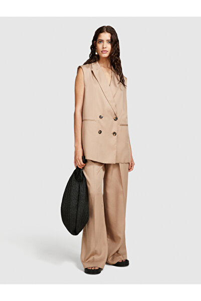 Sisley Γαλακτώδες καφέ χρώμα 100% βαμβακερό φαρδύ γιλέκο με διπλό στήθος με λαιμόκοψη σε σχήμα V