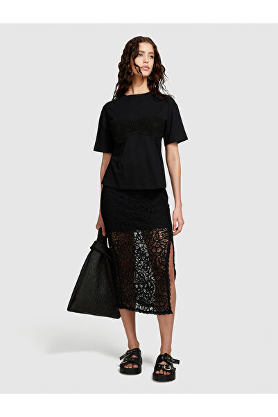 Sisley Γυναικείο μπλουζάκι κορσέ από 100% βαμβάκι με λεπτομέρεια από μαύρη δαντέλα