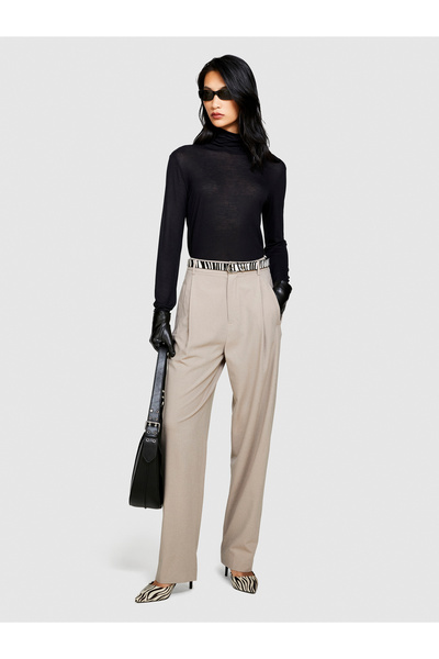 Sisley Women's Black Wool Blended Stand Collar Long Sleeve T-Shirt