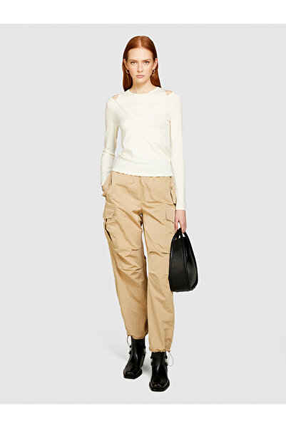 Sisley Γυναικείο Πουλόβερ Κρεμ Βισκοζέ - Στενό Πουλόβερ με Λεπτομέρεια Παραθύρου