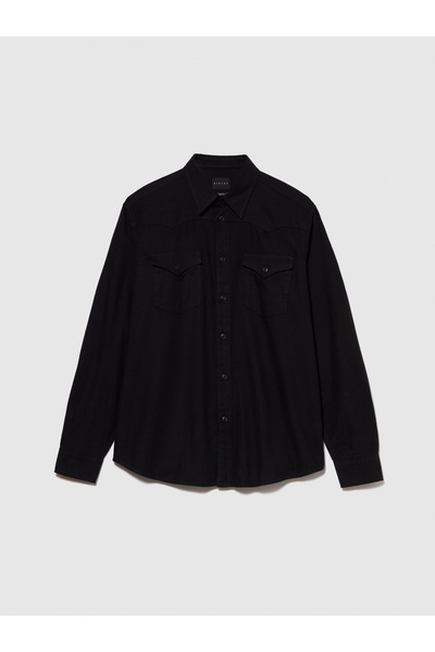 Sisley Ανδρικό μαύρο πουκάμισο Western 100% βαμβακερό κανονική εφαρμογή