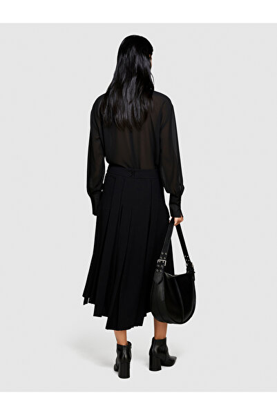 Sisley Black Midi Length Women's Skirt - Pleated and Asymmetric Cut