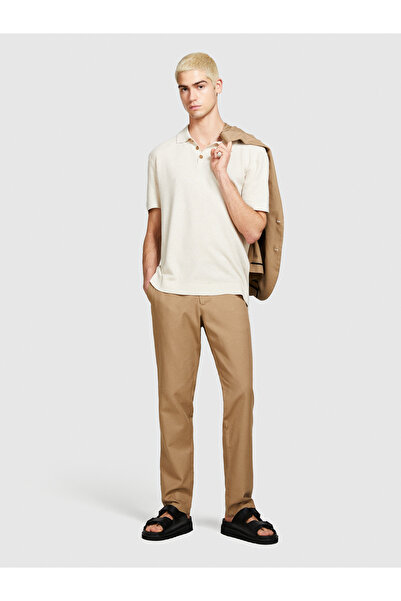 Sisley Ανδρικό μπλουζάκι πόλο με υφή βάφλα - καφέ γαλακτώδες, μείγμα βαμβακιού