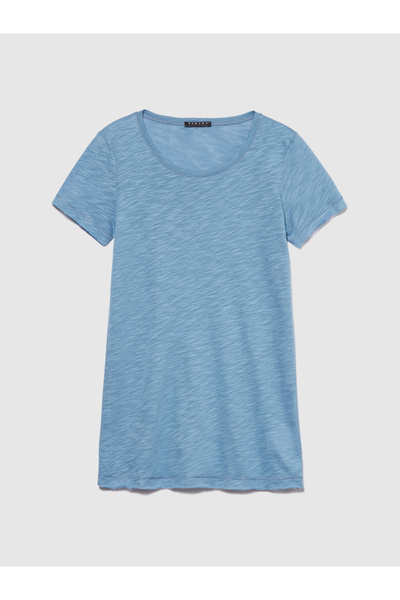 Sisley Ανοιχτό μπλε βαμβακερό μείγμα - Γυναικείο μπλουζάκι με λαιμόκοψη