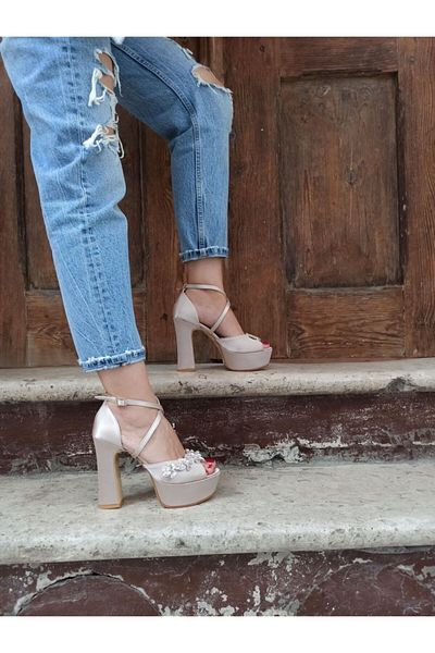 DS AYAKKABI Nude Satin Platfrom Leaf Stone Cross Strap Women's Heeled Shoes