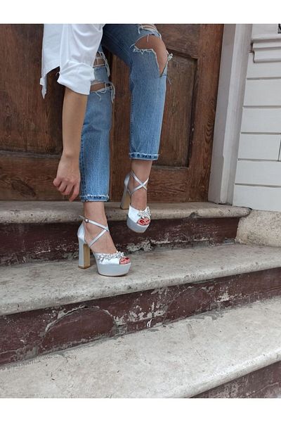 DS AYAKKABI Silver Satin Platfrom Leaf Stone Cross Strap Women's Heeled Shoes